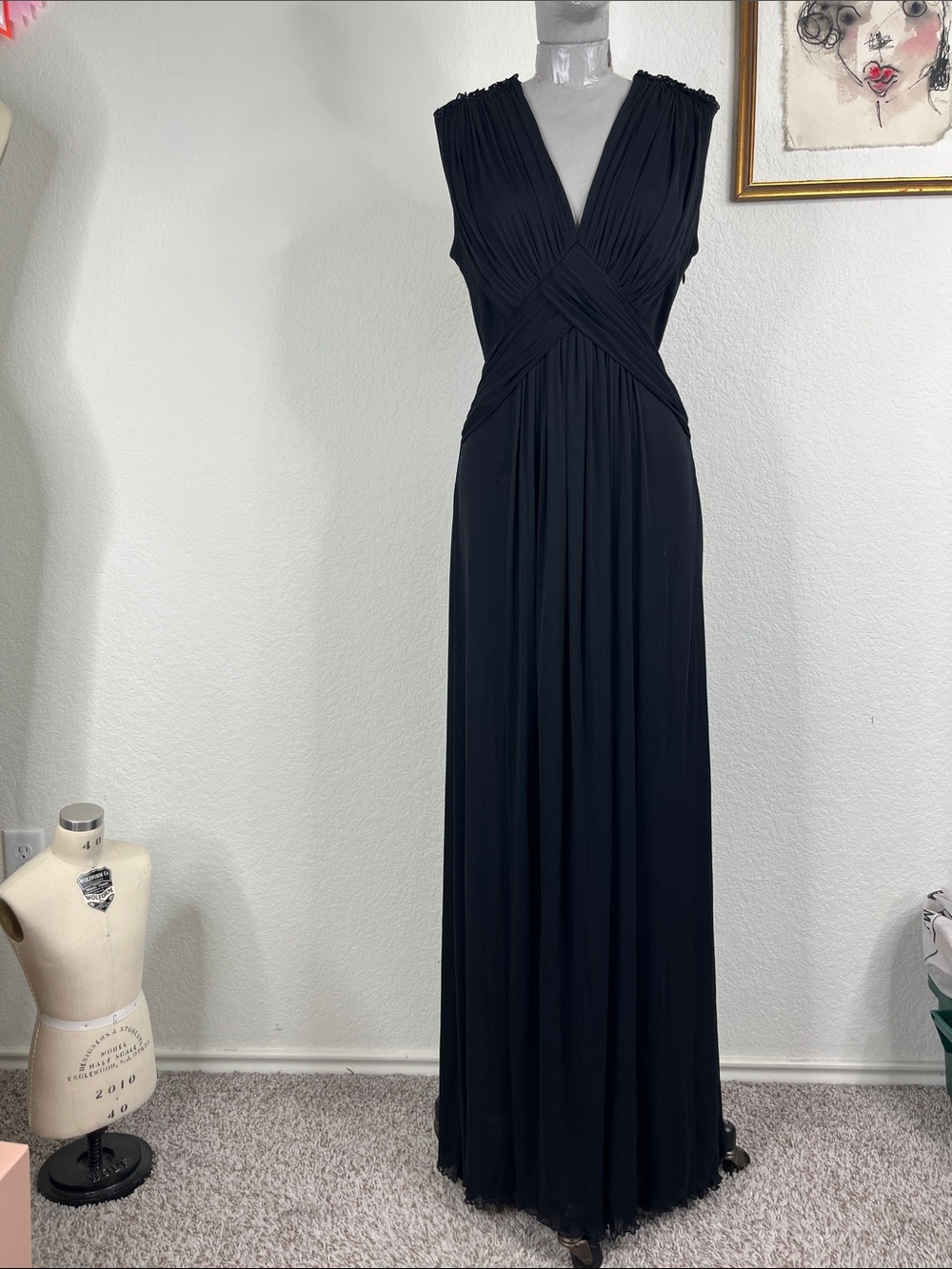 DIANE VON FURSTENBERG Marika Ruched Stretch Mesh Maxi V Neck Cross Dress - Picture 2 of 14